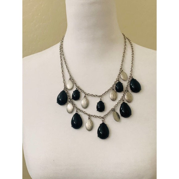 Black Teardrop Silver Oval Statement Bib Two Strand Chain Necklace Adjustable - Picture 2 of 8